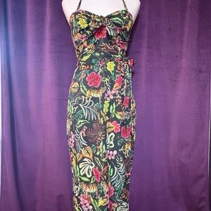 Unique Vintage Jungle Cat print Faux Wrap Halter Midi Dress